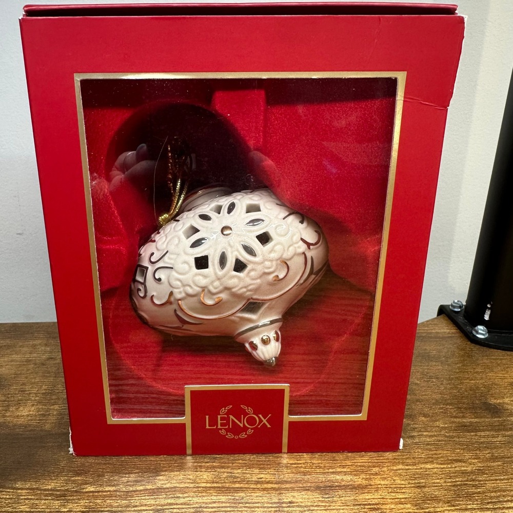 Lenox 2025 Annual Ornament Ivory Porcelain Silver Gold Pierced Teardrop Boxed